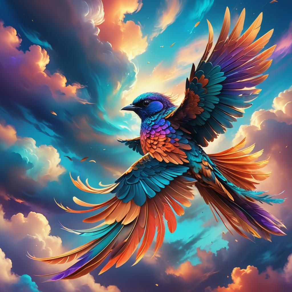 Iridescent Bird Soaring Through Coral Sunset: Digital Art