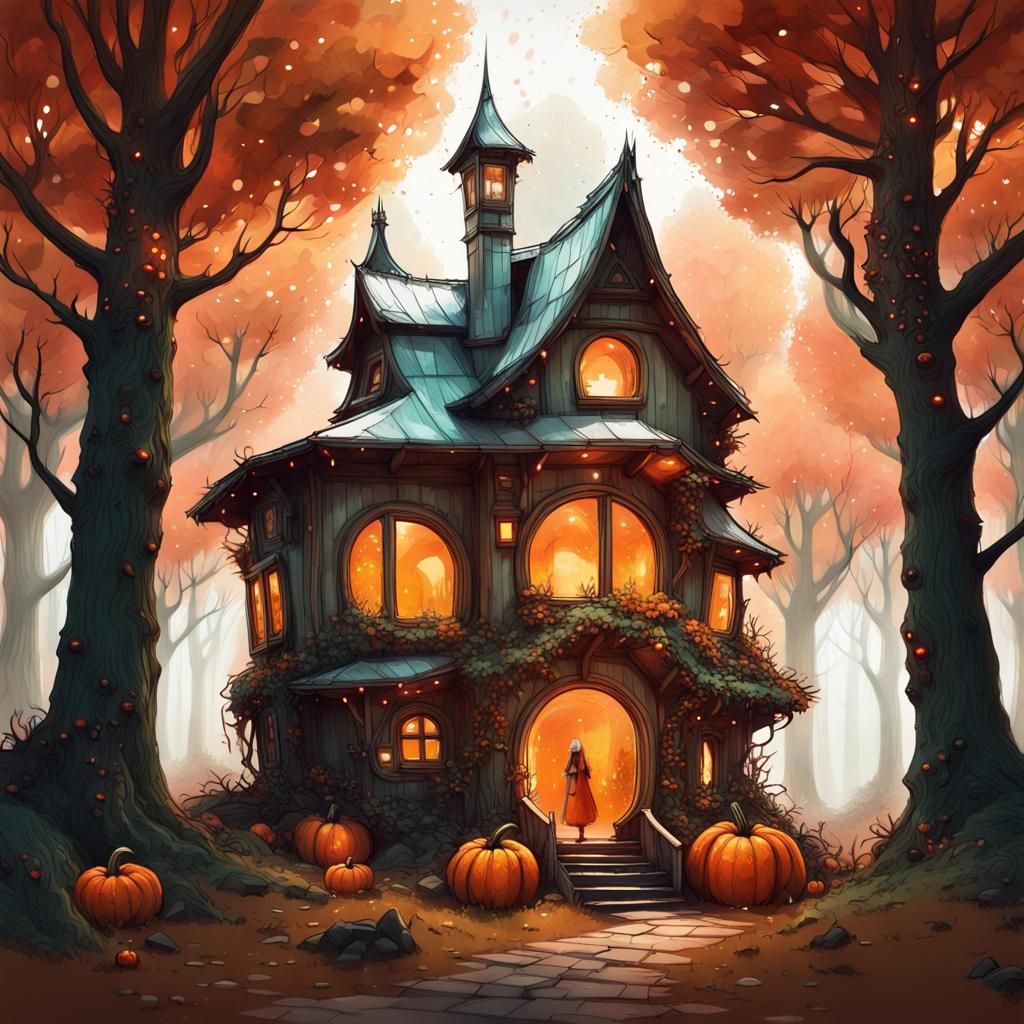 Pumpkin House in Fantasy Forest Digital Painting