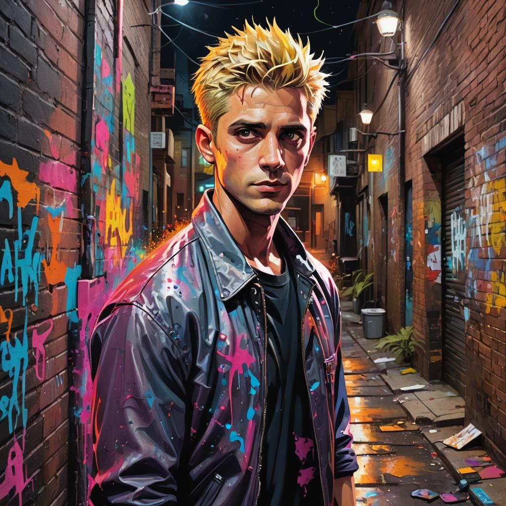 Blonde Man in Neon Alley: Street Art Style