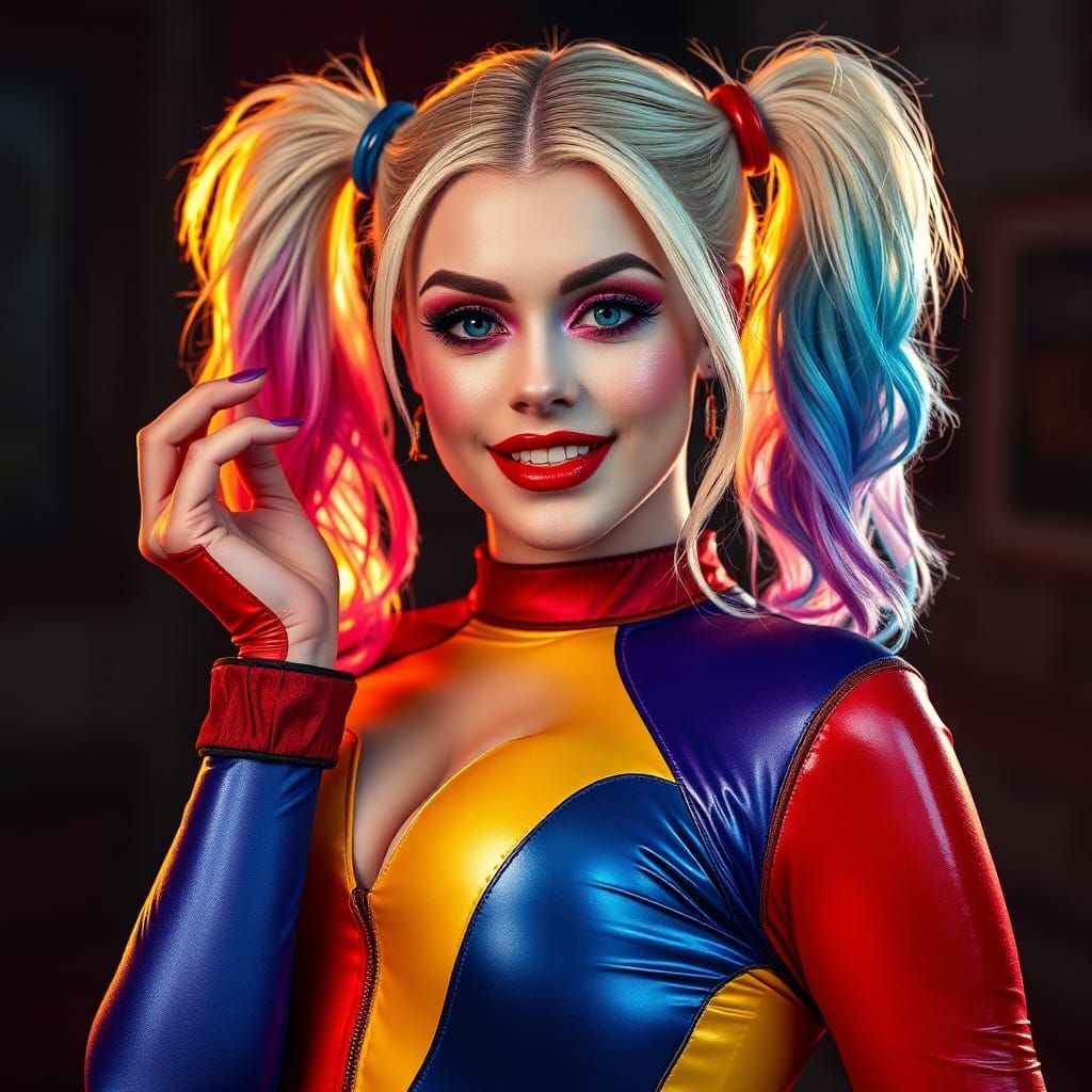 Hyperrealistic Harley Quinn in Colorful Bodysuit