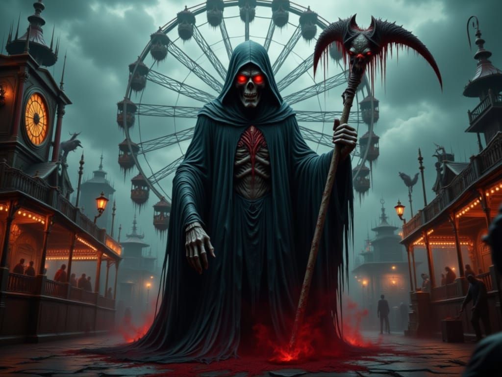 Grim Reaper with Scythe in Dark Carnival Scene