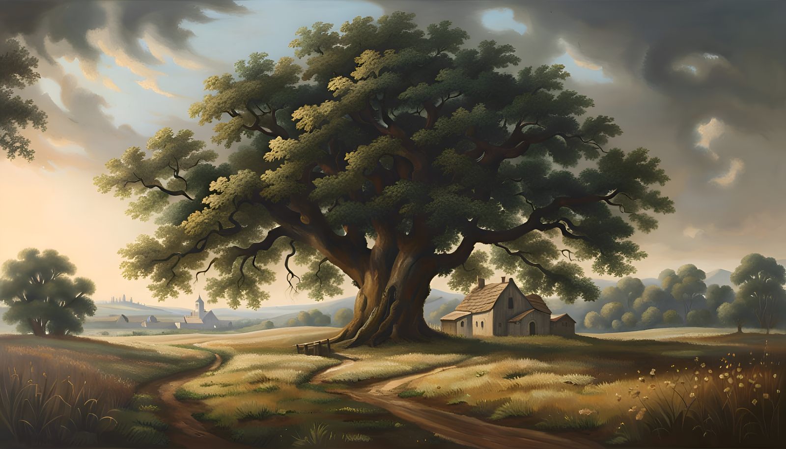 Rustic Painting of Oak Tree and Farmhouses