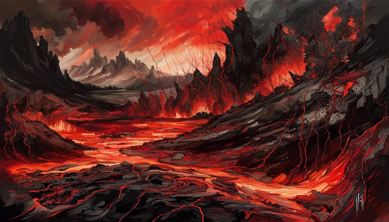 Fiery Landscape Under Stormy Skies