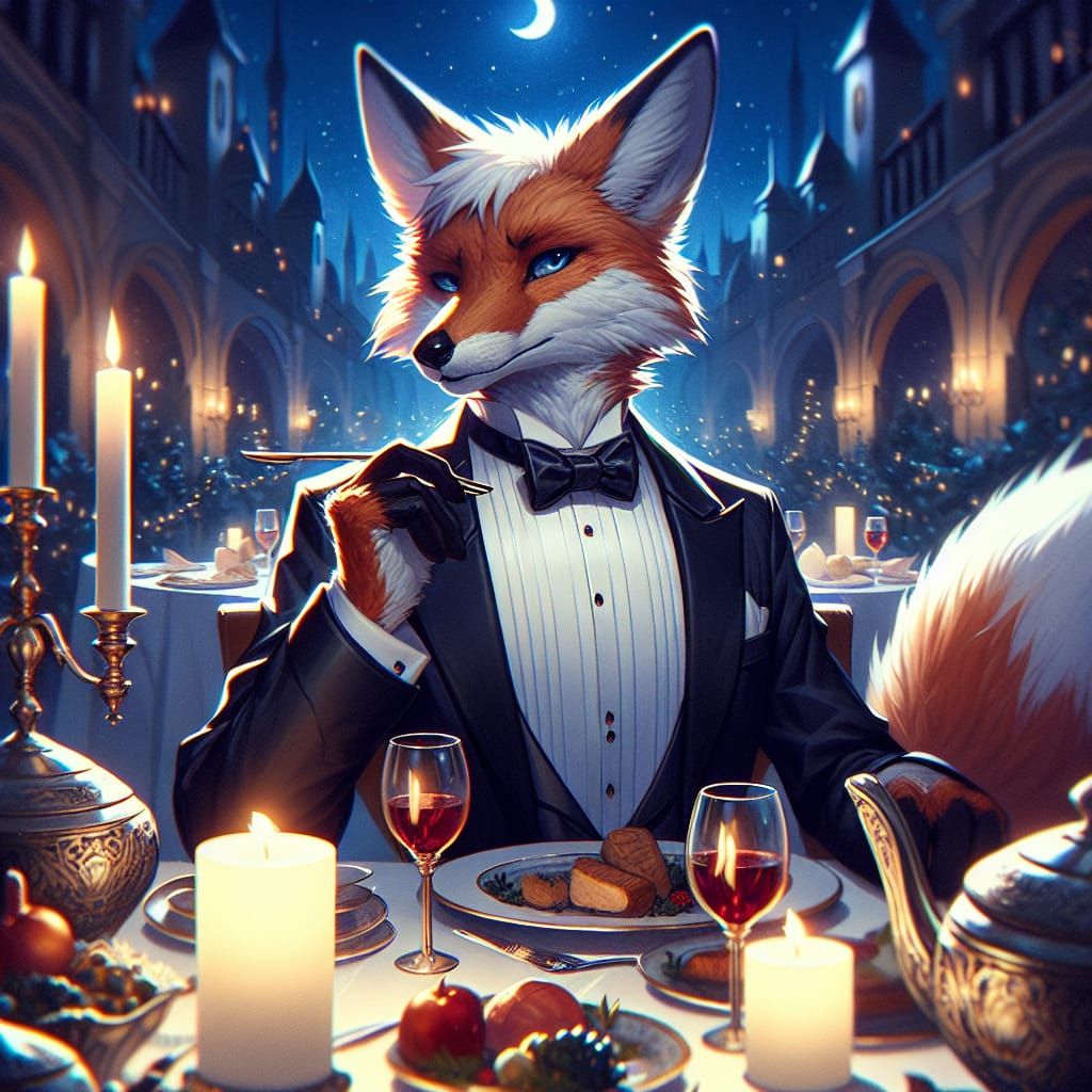 Stylish Anthropomorphic Fox at Fantasy Dinner Party