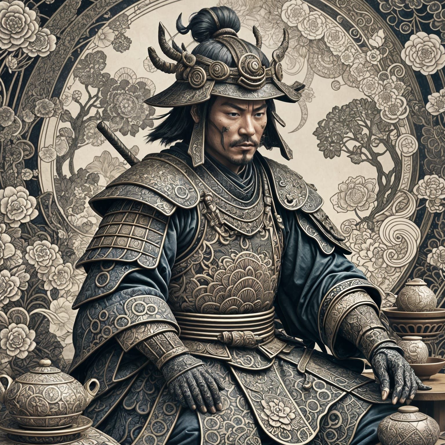 Samurai Warrior in Teahouse with Abstract Fractal Design