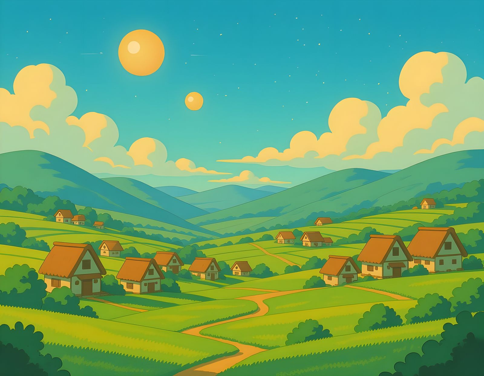 Peaceful Alien Village Under Binary Stars