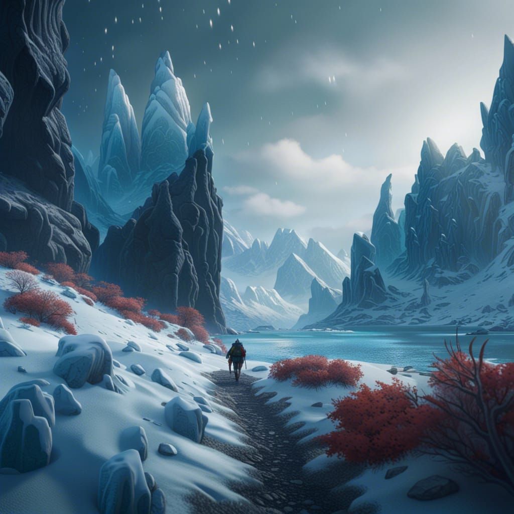 Arctic Trekking: Detailed Matte Painting in Deep Color