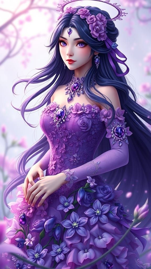 Ethereal Goddess of February in Lavish Violet Gown