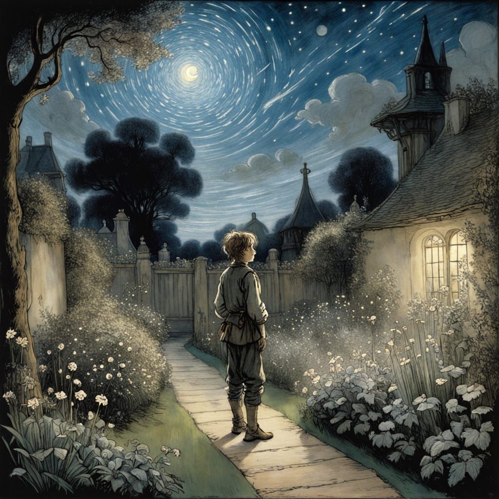 Whimsical Moonlit Garden Scene in Dreamy Watercolor Style