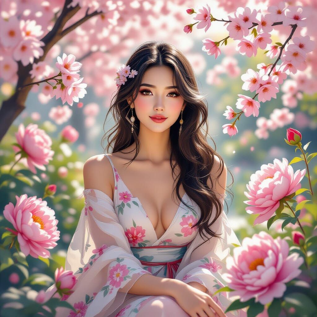 Dreamy Garden: Woman Surrounded by Oriental Flowers