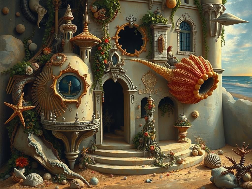 Majestic Sandcastle at Sunset in Surreal Style