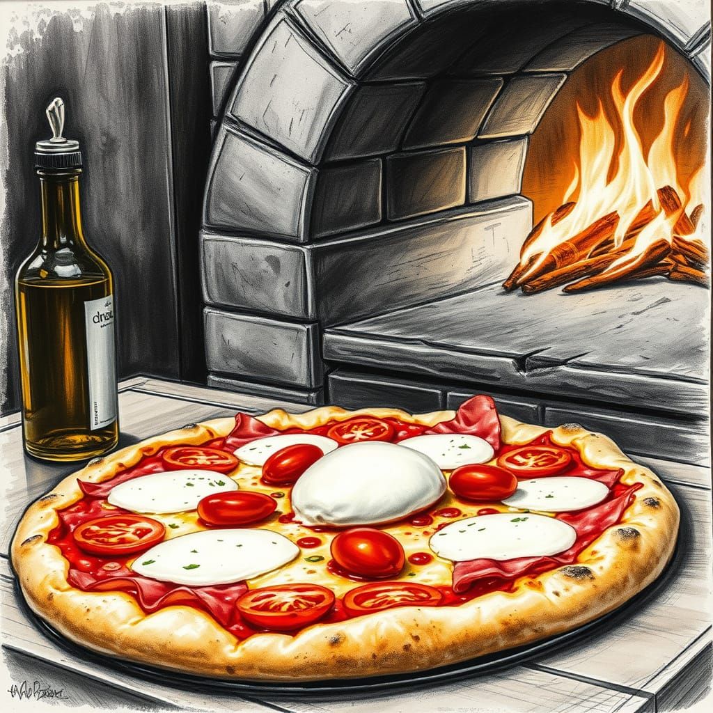 Hyperdetailed Charcoal Drawing of Parma Ham Pizza