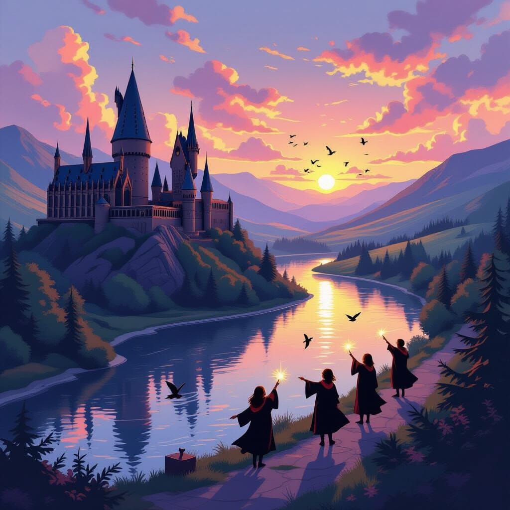 Hogwarts Sunset: Whimsical Bird's-Eye View