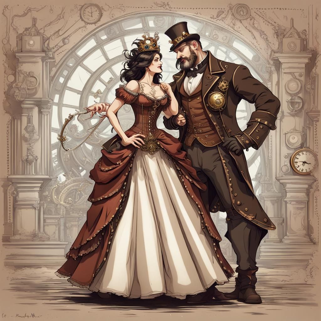 King and Queen Dancing at Ball in Steampunk Style