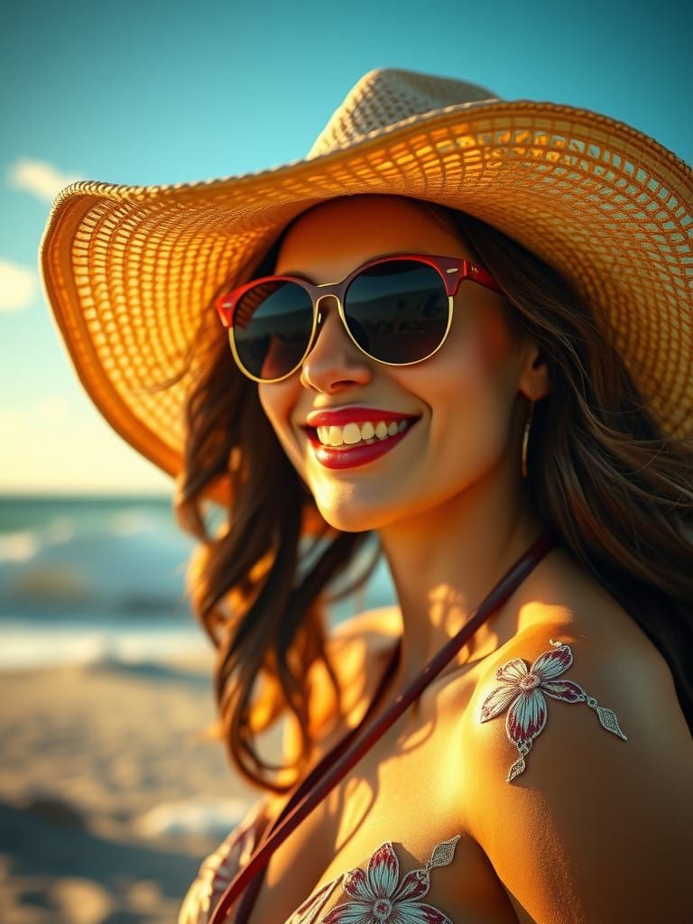 Smiling Woman in Summer Sunshine at Beach