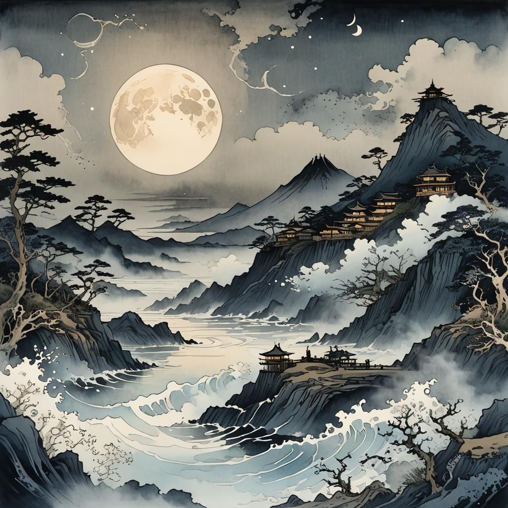 Moonlit Coastal Landscape with Spectral Ships, Ink Sketch