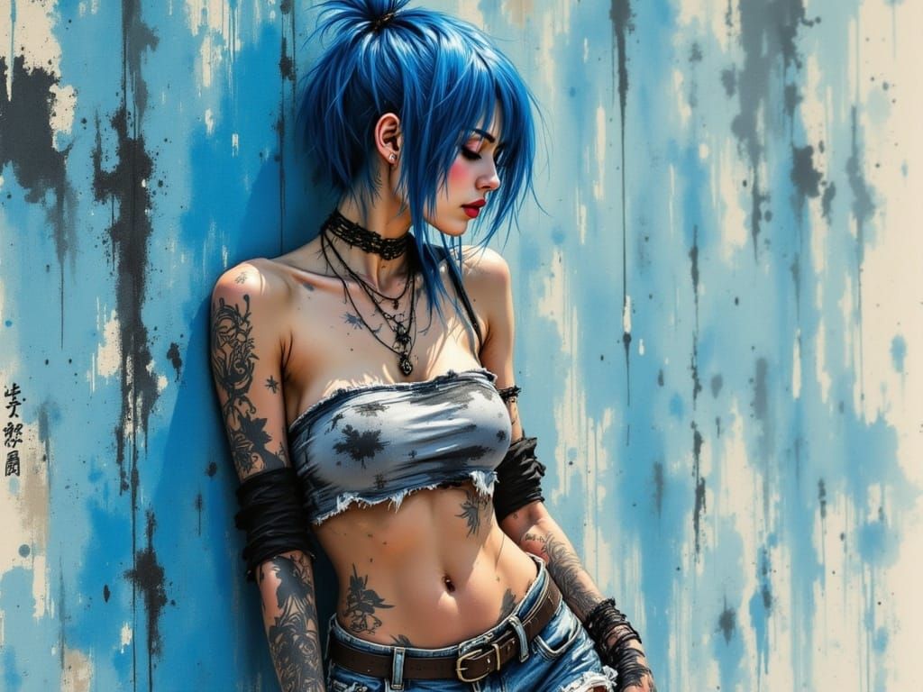 Vibrant, Hyper-Realistic Portrait of a Blue-Haired Young Reb...