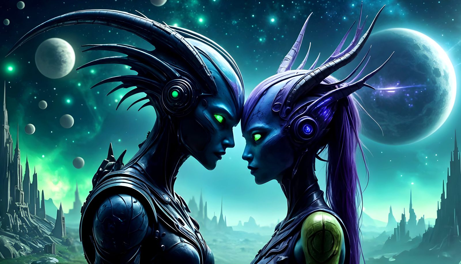 Ethereal Android Lovers on a Lush Emerald Planet