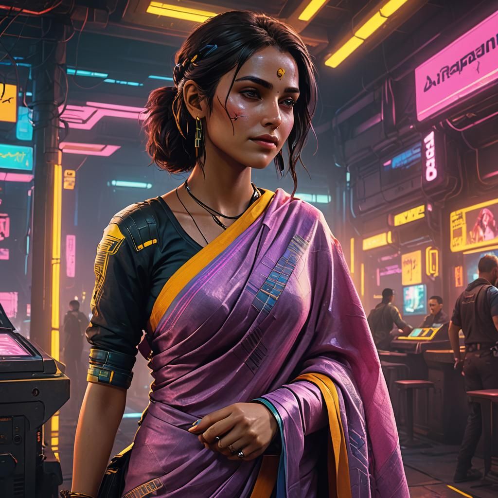 Happy Woman in Saree, Cyberpunk Neon Style