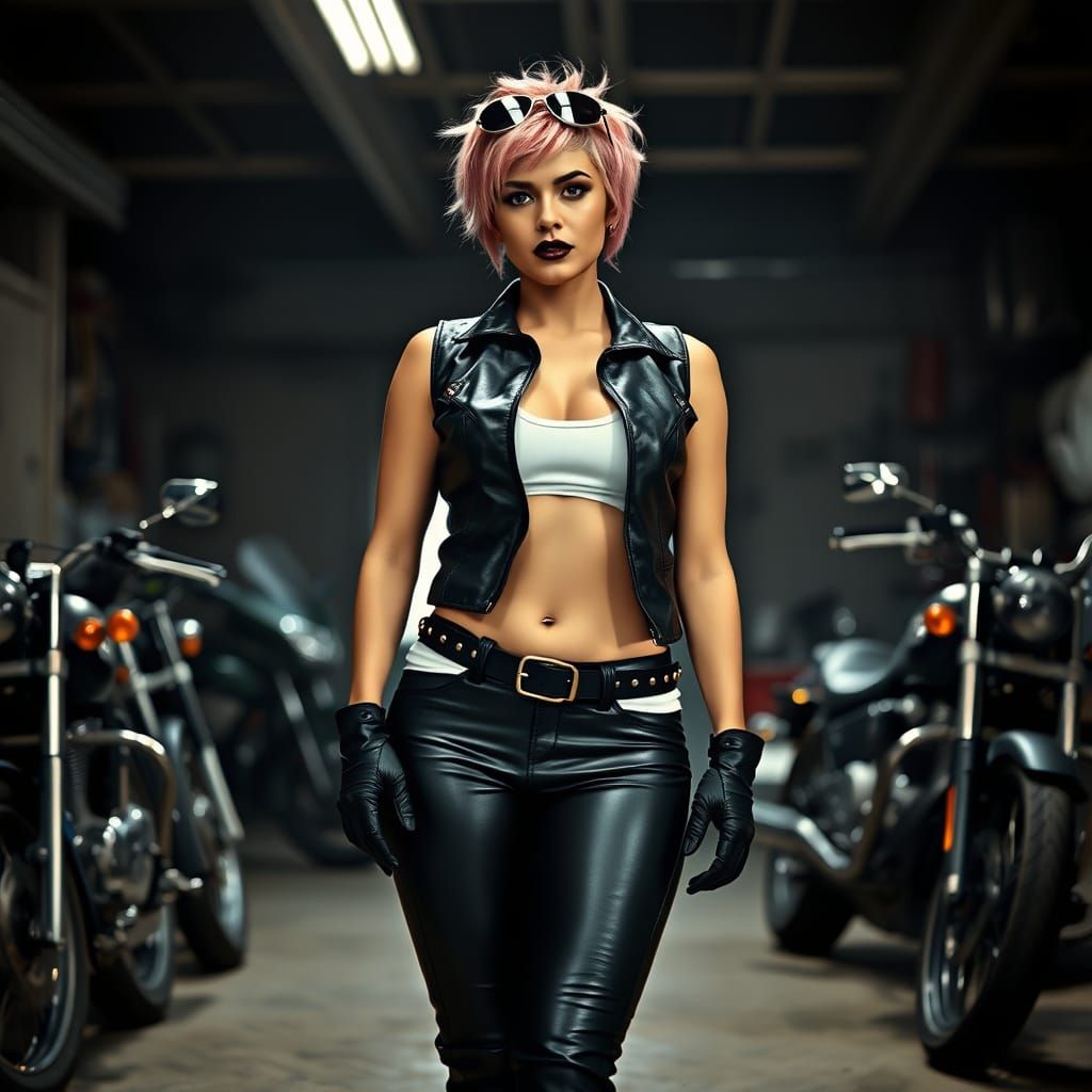 Confident Rebel in Motorcycle Garage
