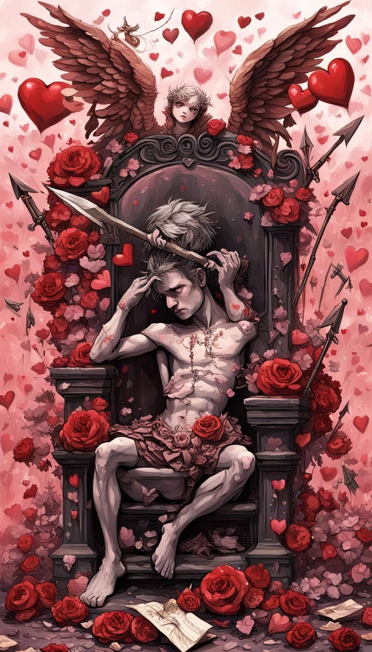 February - The Cupid Tyrant:
A corrupted cherub with a cruel smirk, perched atop a broken heart-shaped throne. They wie...