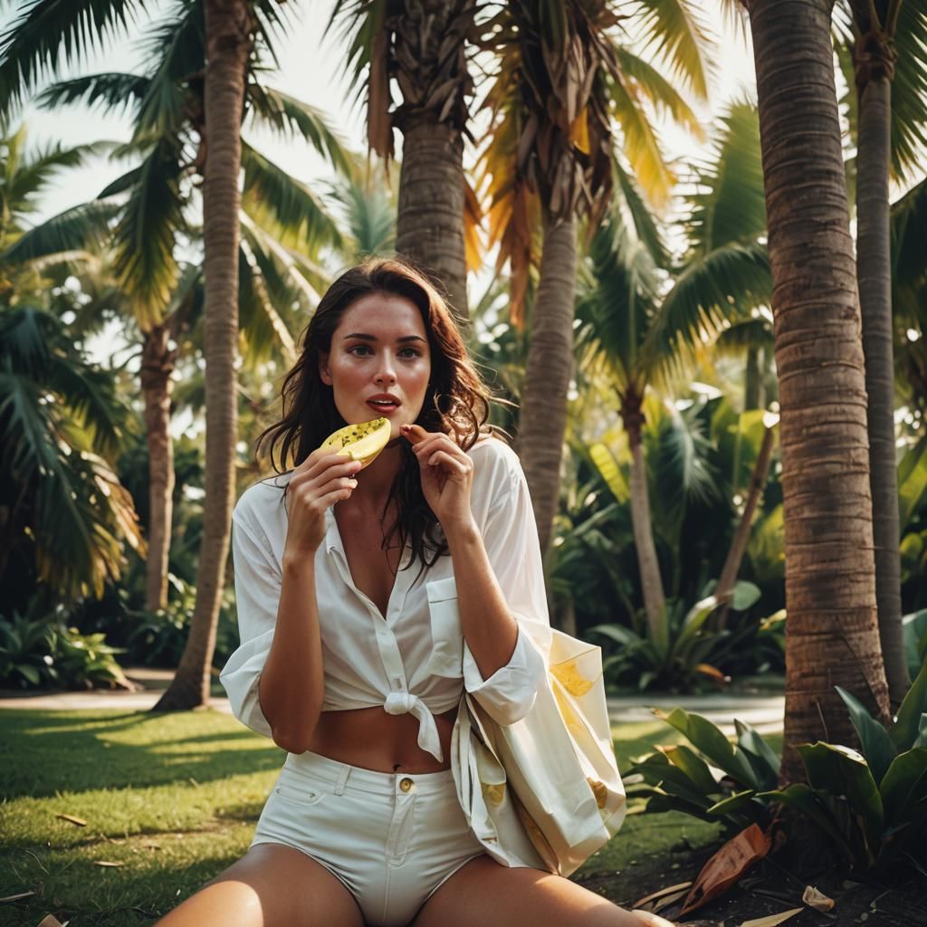 Brunette Eating Banana in Tropical Setting