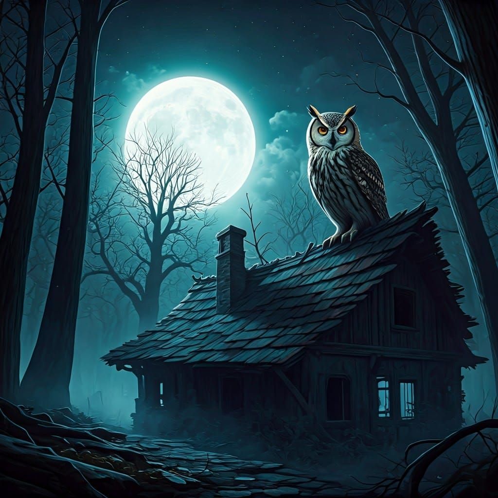 Majestic Owl Amidst Ancient Forest Under Starry Night Sky