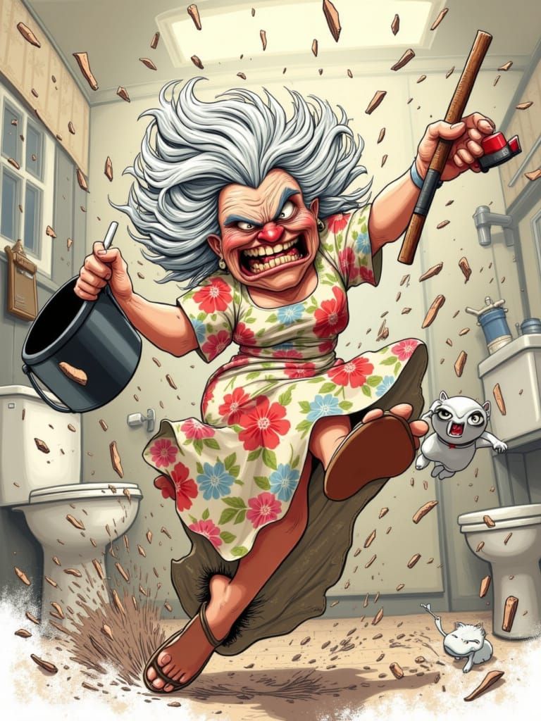 Angry Grandma Drop Kicking Through Dirty Bathroom
