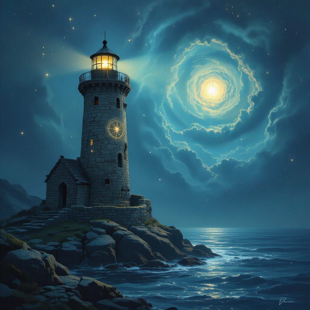 Ancient Lighthouse in Swirling Nebula, Celestial Maps Etched