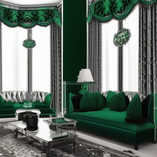 Dark Gothic fantasy themed penthouse with black Spectrum fractals walls with silver fractals accents& Emerald green Frac...