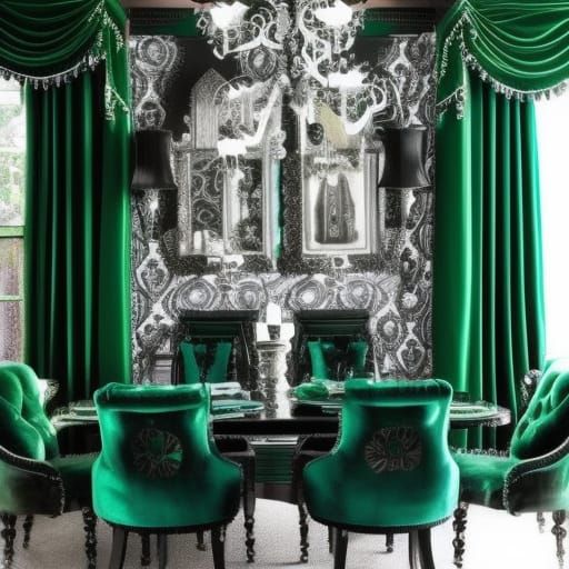 Dark Gothic fantasy themed penthouse with black Spectrum fractals walls with silver fractals accents& Emerald green Frac...