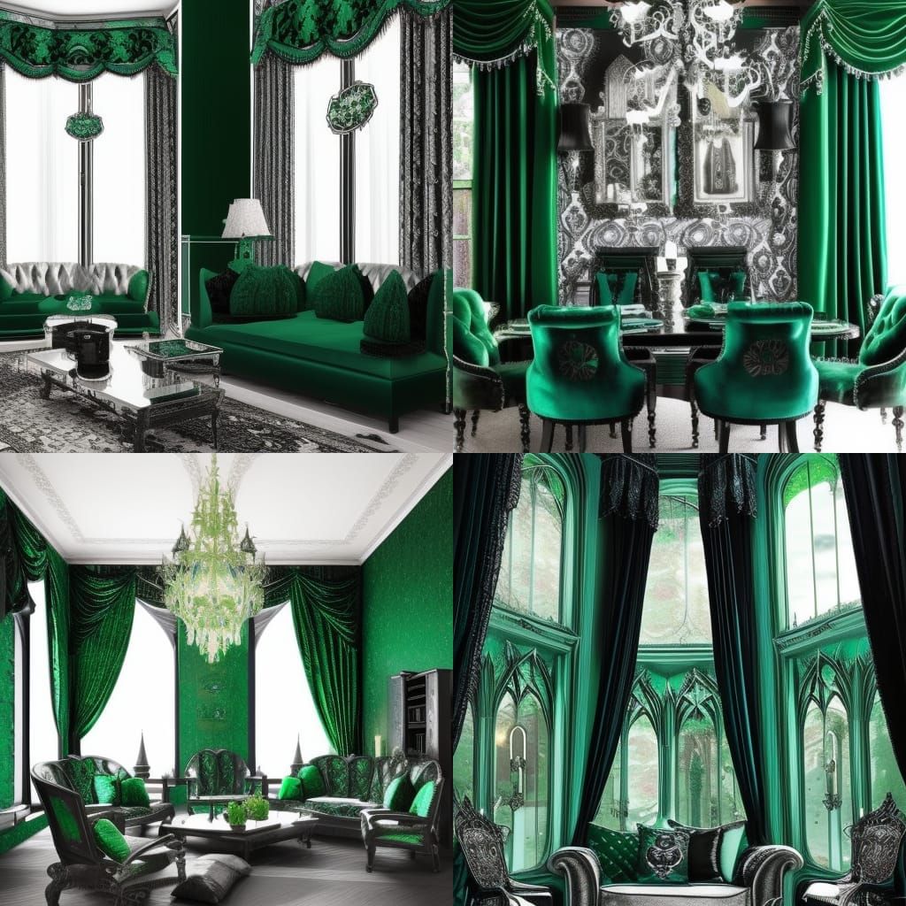 Dark Gothic fantasy themed penthouse with black Spectrum fractals walls with silver fractals accents& Emerald green Frac...