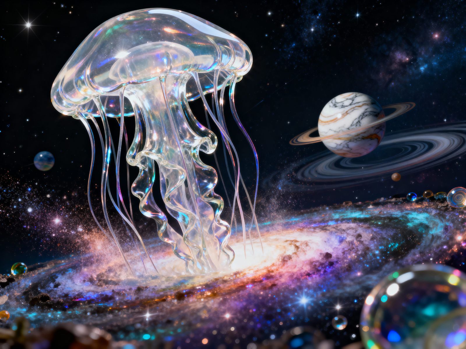 Galactic Glass Jellyfish in Cosmic Nebula