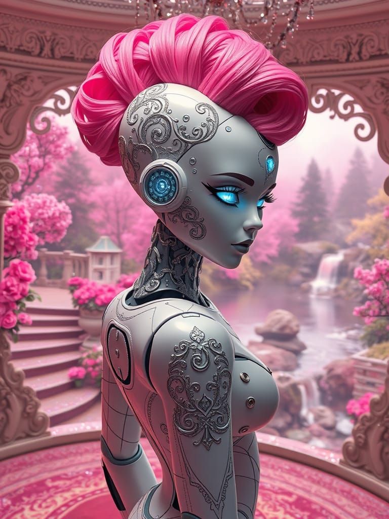 Robot Girl with Pink Updo in Dreamy Landscape