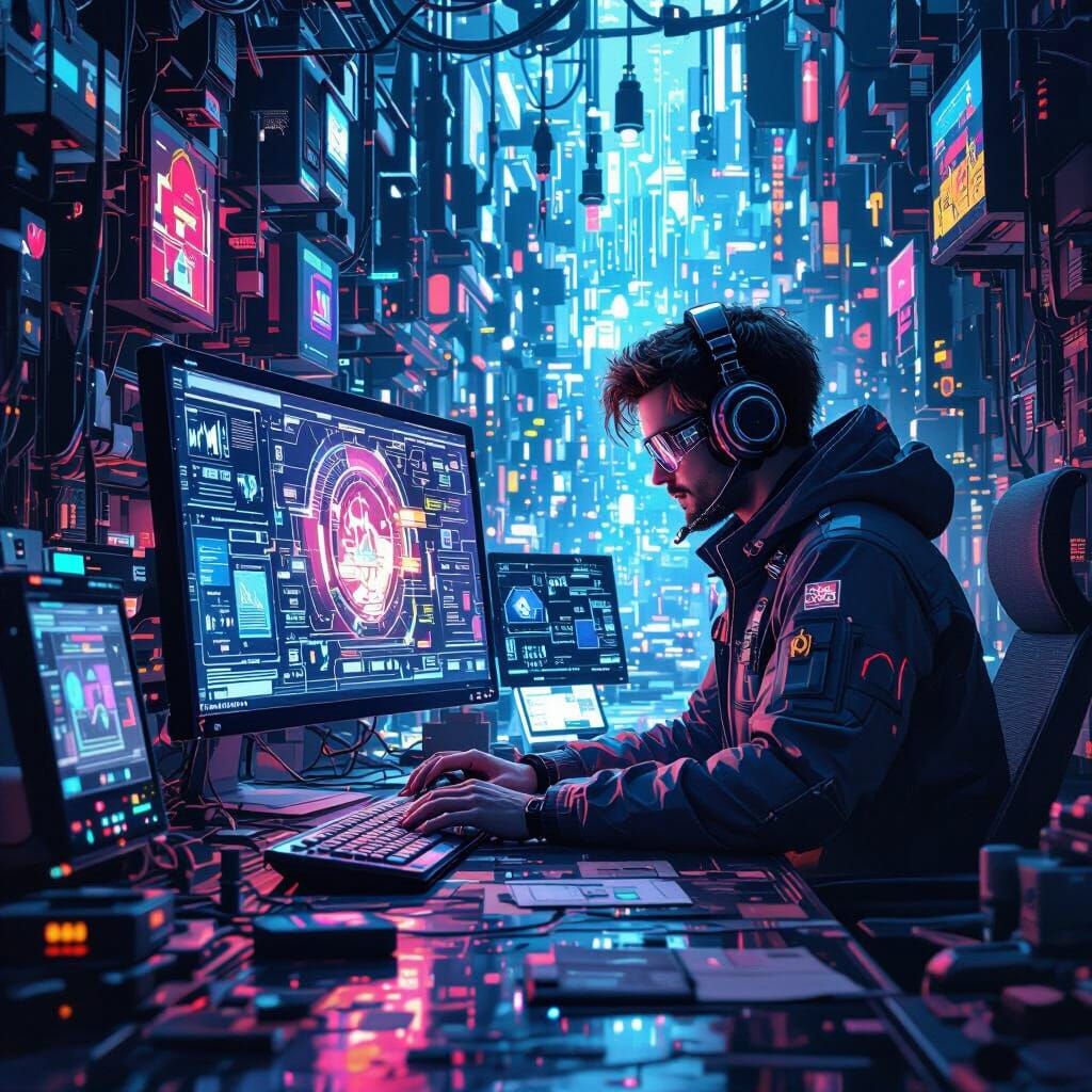 Futuristic Technician in Surreal Smart Home Dreamscape