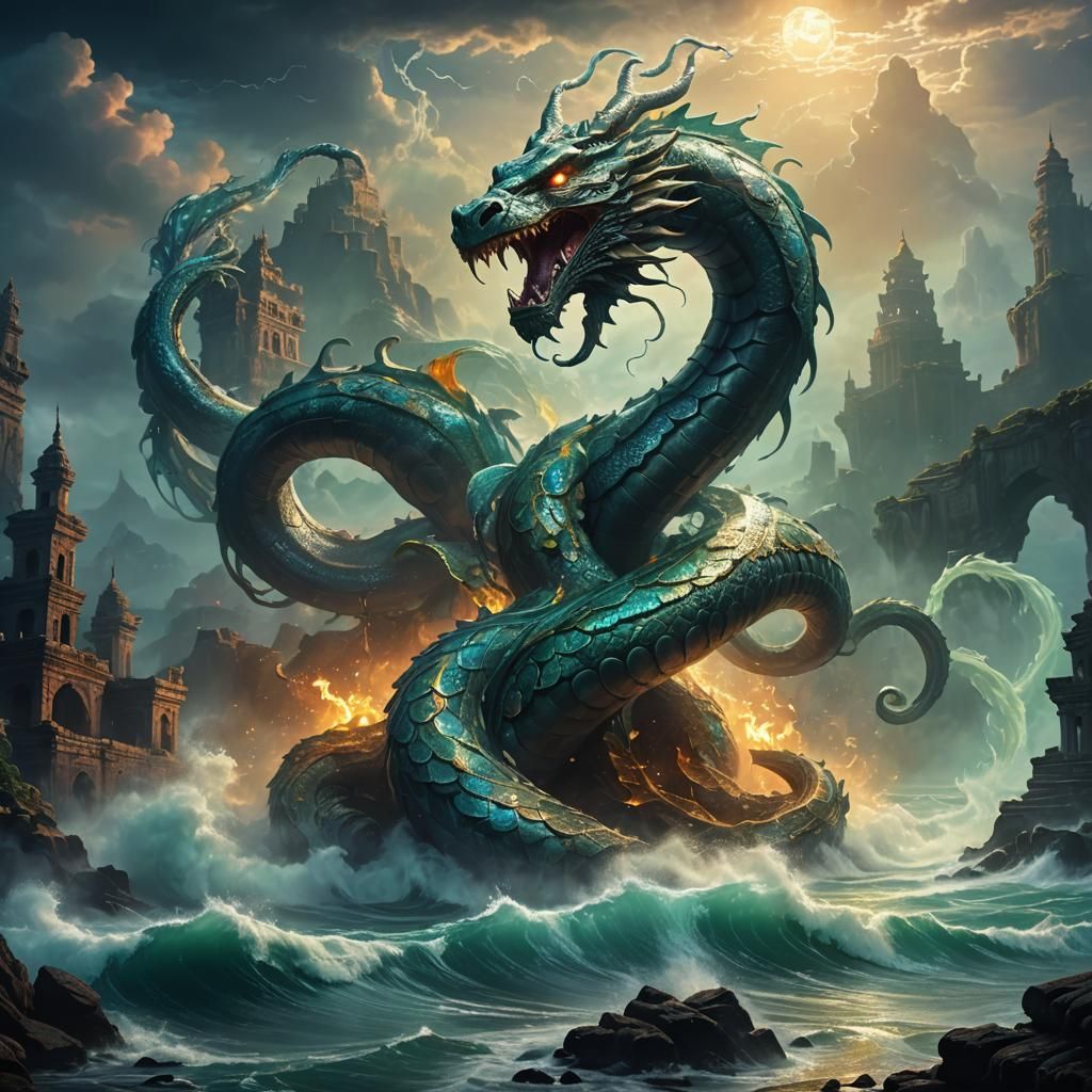 Mythical Serpent Emerges from Misty Ocean