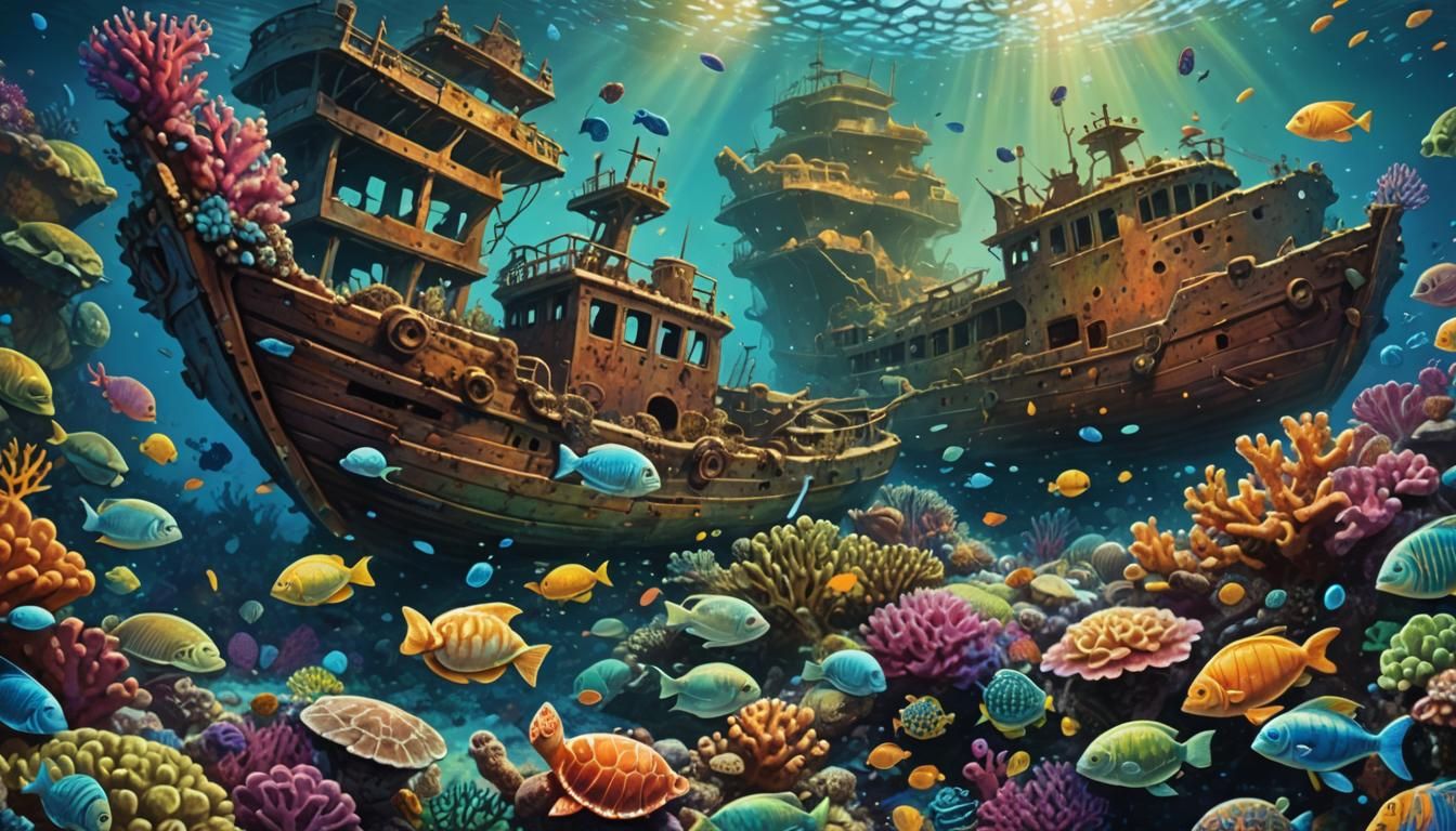 Vibrant Underwater Shipwreck Fantasy in Comic Book Style