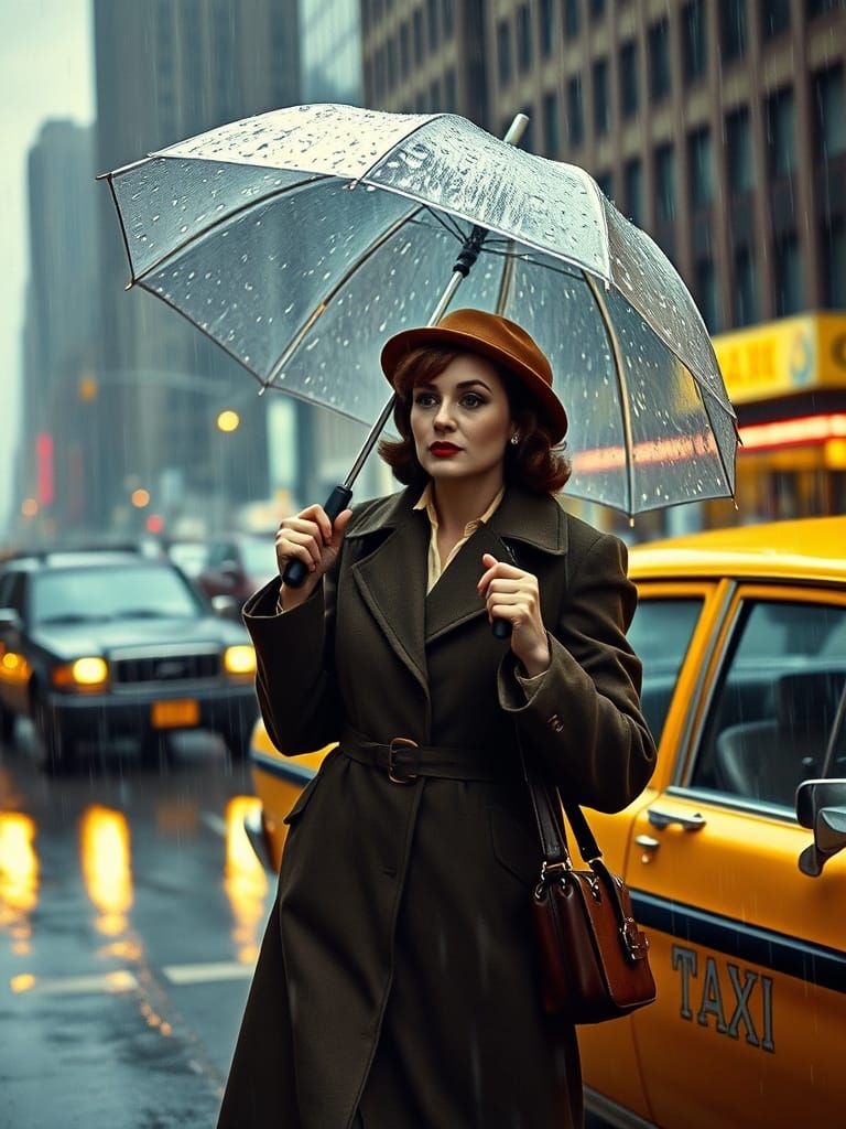 1960s Chicago Secretary Hailing Cab in Rainstorm