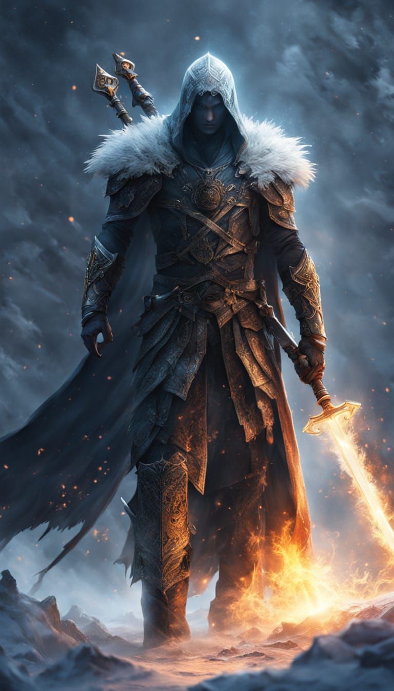 Hyper-Realistic Male Specter Wields Glowing Fire Sword