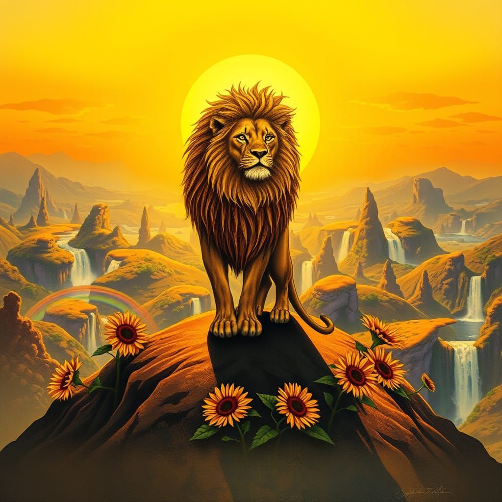 Lion amidst Sunflowers in a Dreamlike Landscape, Klimt-Esque
