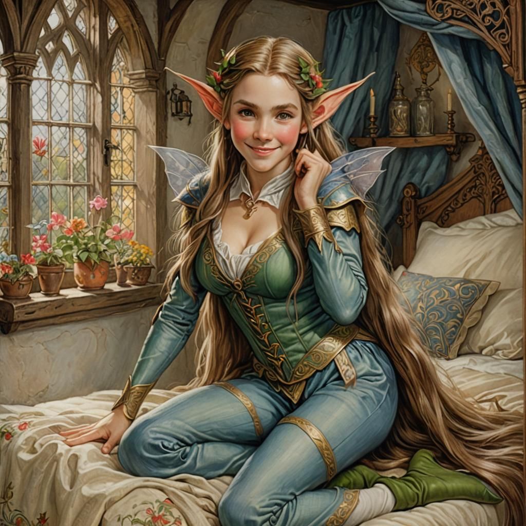 Beautiful Elf Portrait in a Medieval Bedroom