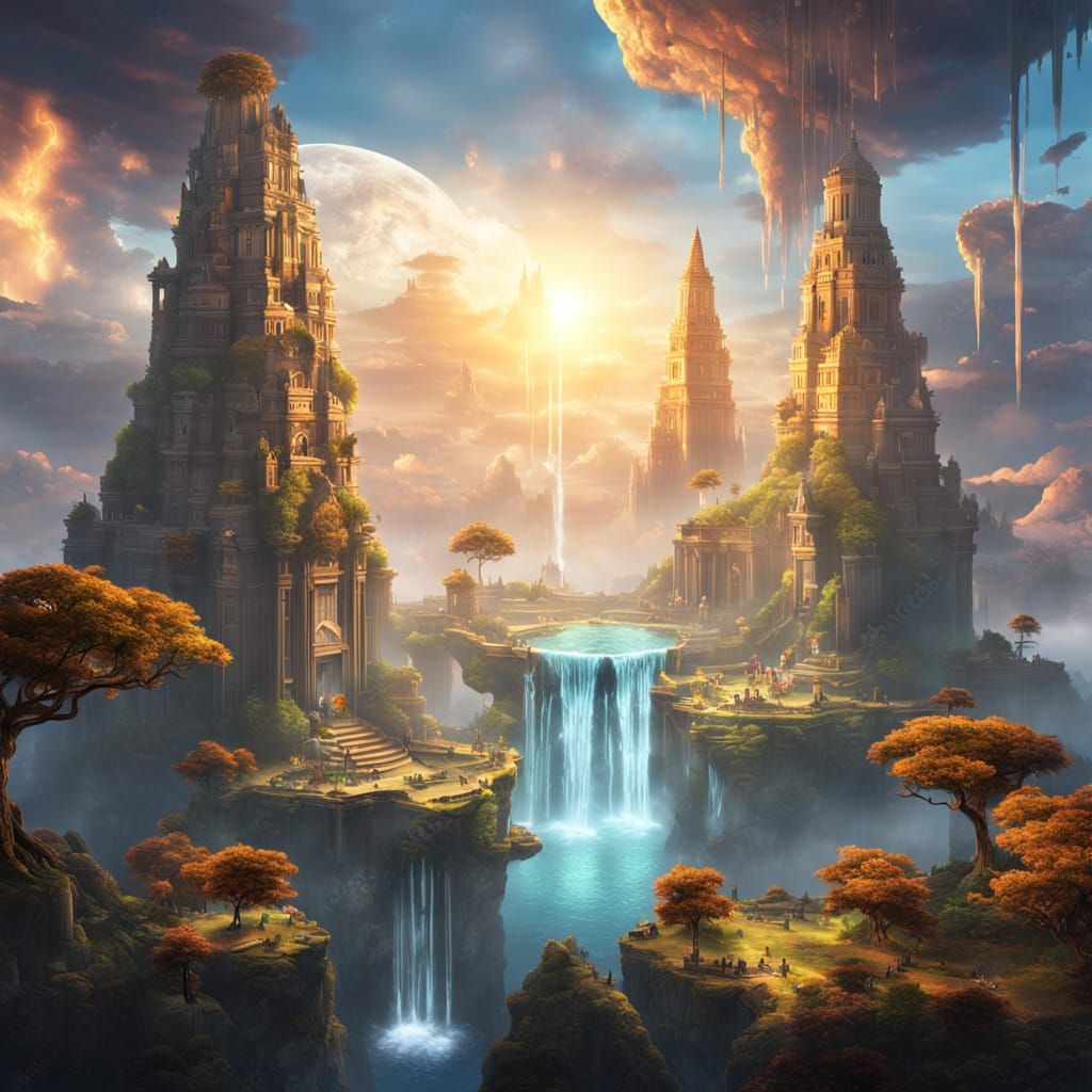 Floating Islands With Crystal Trees at Sunset