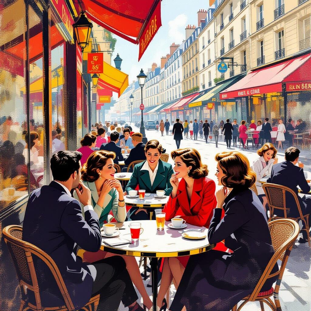 1960s Paris Cafe Scene in Vintage Poster Style
