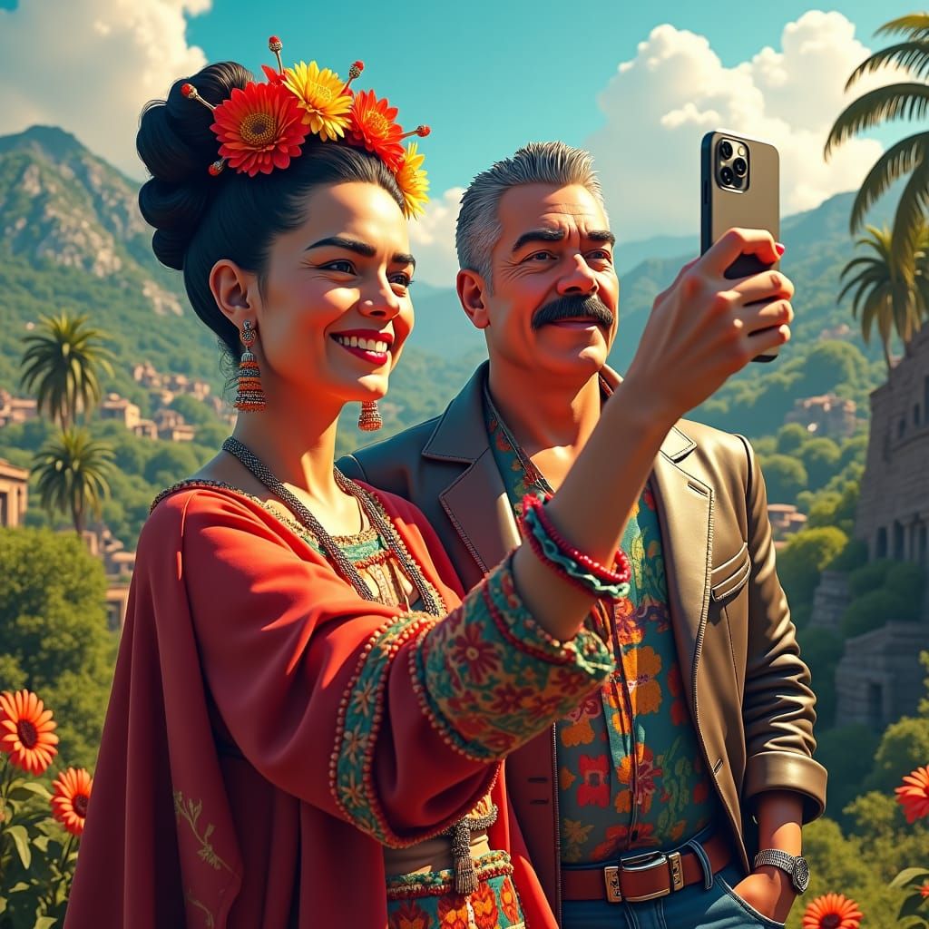 Frida Kahlo Selfie with Diego Rivera in Dreamlike Setting
