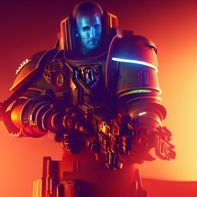 Cyberpunk Space Marine in Neon Cityscape