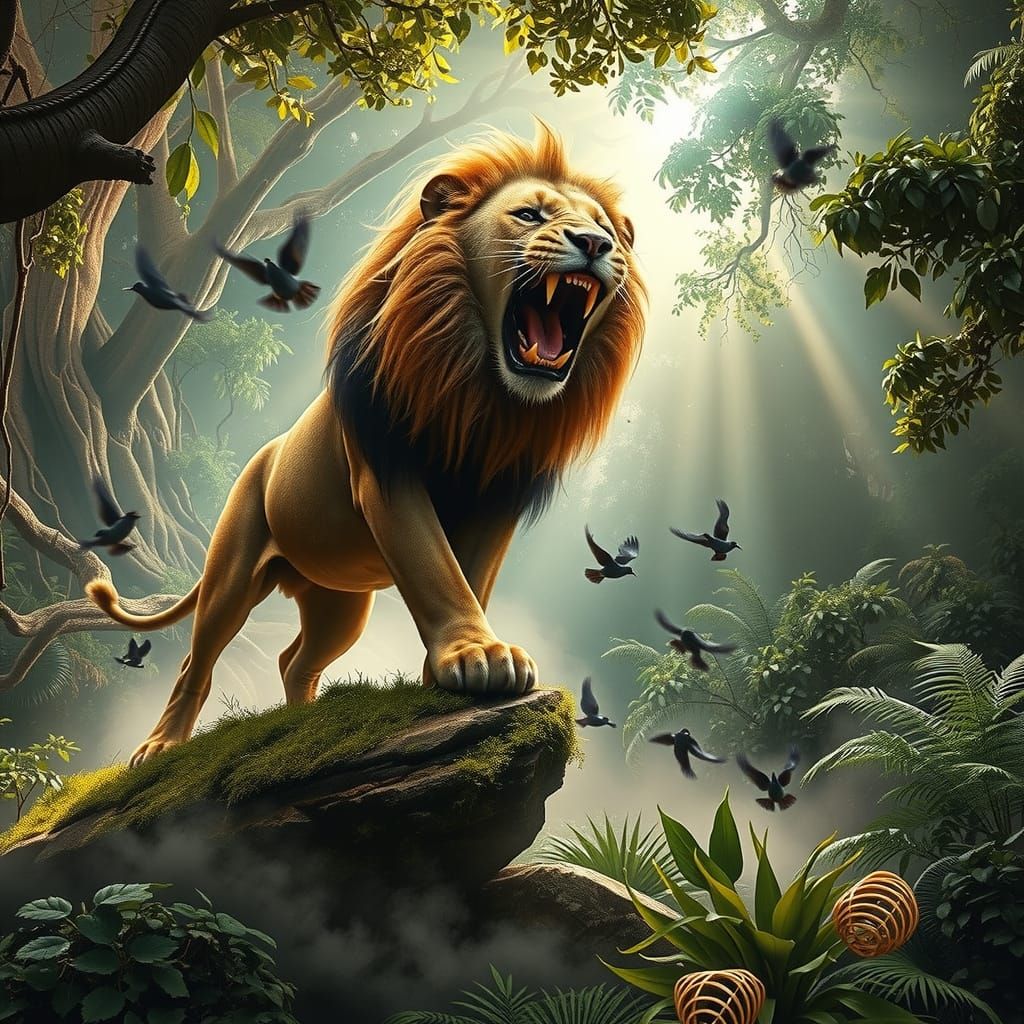 Hyper-Realistic Lion in Jungle Glory