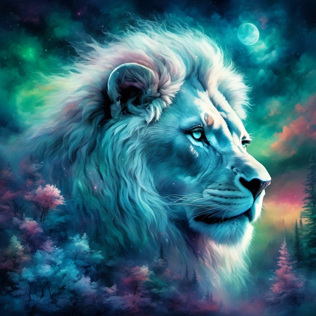 Bioluminescent Lion Portrait in Sci-Fi Aurora