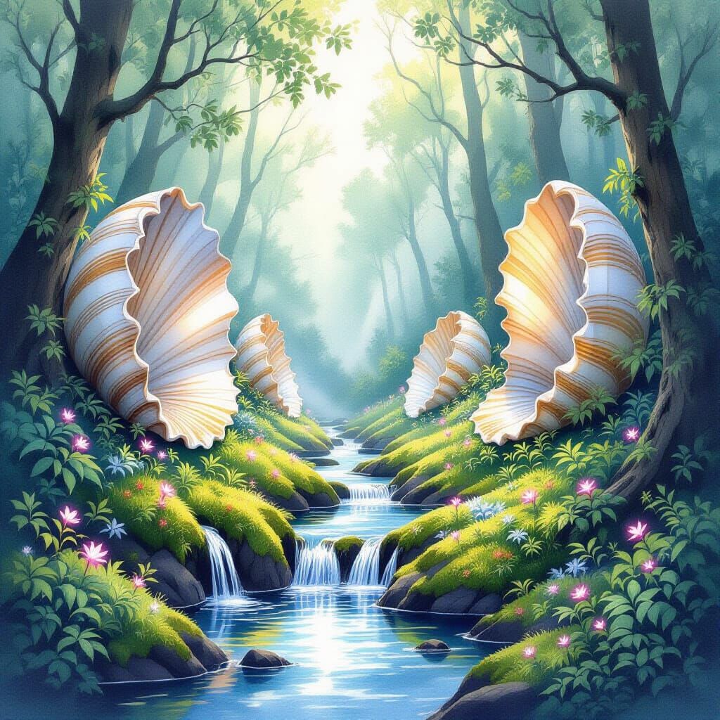 Watercolor Fantasy Glade with Seashell Sculptures