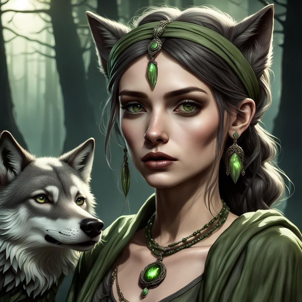 Alt Girl and Wolf in Dark Woods, Detailed Matte Painting