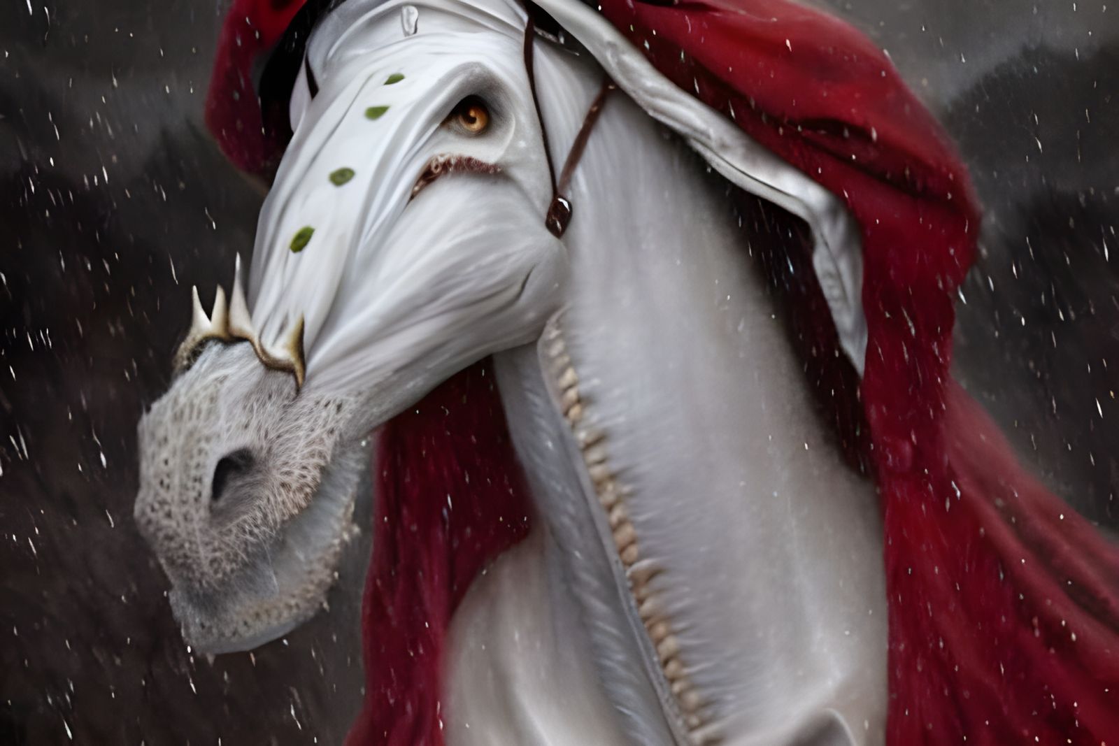 Hyper-Detailed Mari Lwyd Portrait in Winter Town